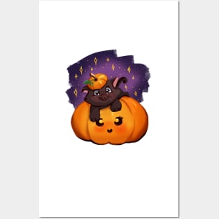 cute little pumpkin with a kitten Posters and Art